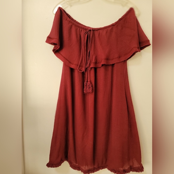 Wishlist Deep Red Boho Off The Shoulder Frayed Hem Swing Mini Dress S/M. - Picture 11 of 15